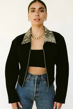 Vintage WILSON LEATHER Suede Black Snake Skin Pattern Collared Crop Jacket Sz M
