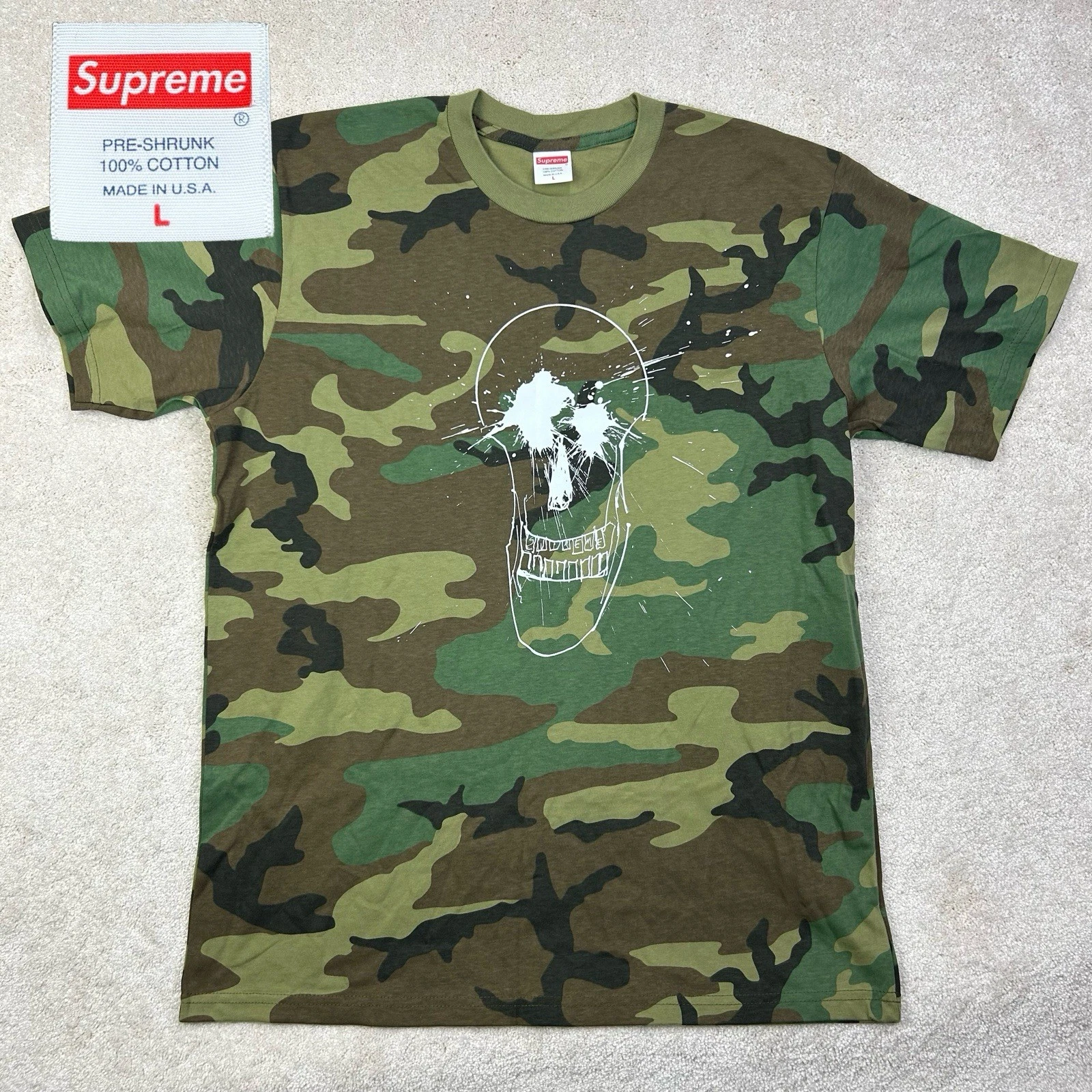 T shirt homme Supreme SS22 Ralph Steadman crâne bois camouflage vert coton grand