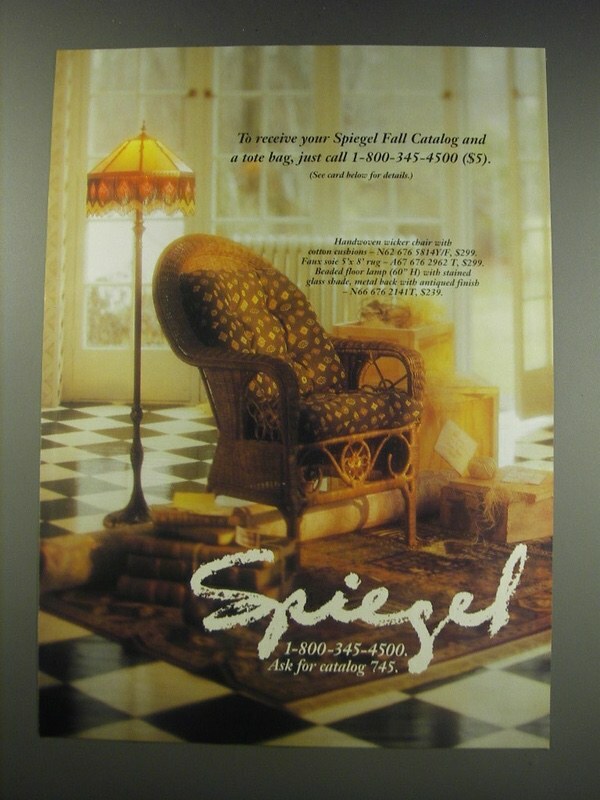 1991 Spiegel Ad - Handwoven Wicker Chair, Faux Soie Rug and Beaded Floor Lamp