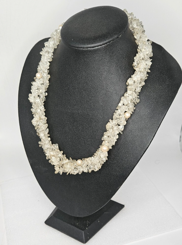 Authentic Quartz Necklace Wide Choker Chip Gemstone Pearl Bead 110g 40cm Long - Picture 5 of 9