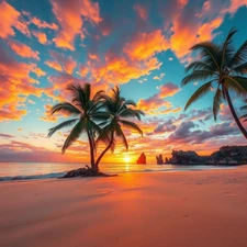 Digital picture Art of Sunset at beach with palms Tree PNG fprintable file