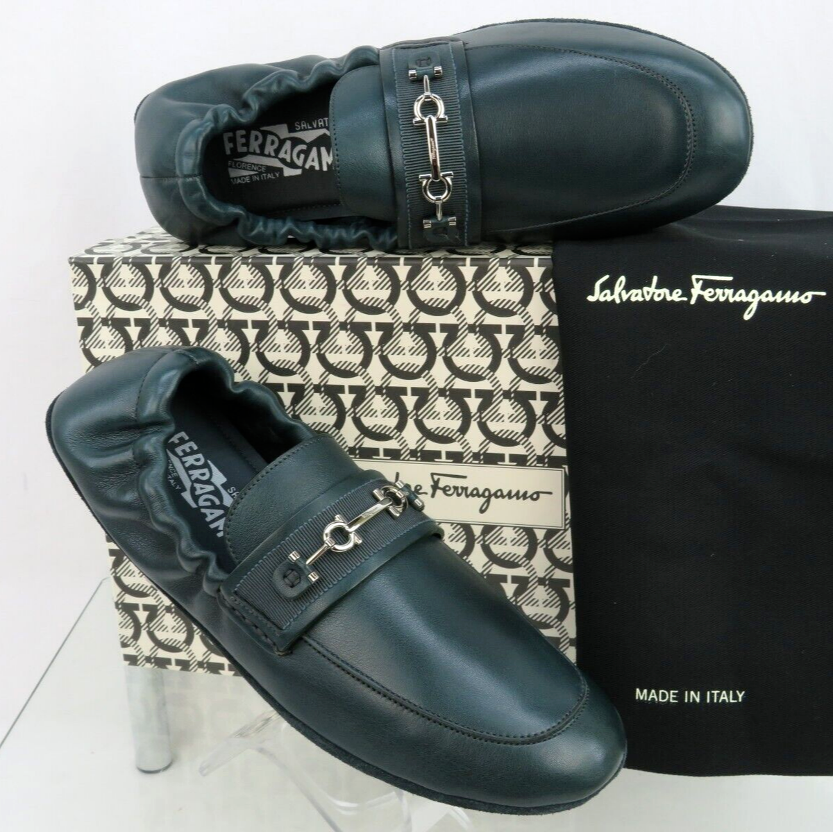 FERRAGAMO ASTURE GREEN LEATHER GANCINI BIT MOCCASIN DRIVING