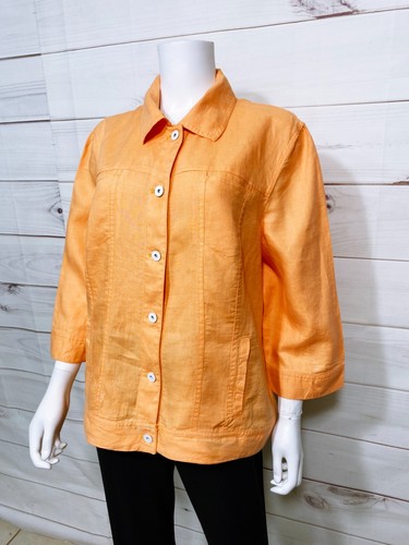 Chico's Womens Jacket Size 3 Orange Button Up Pockets 3/4 Sleeve 100% Linen Top - Picture 3 of 9