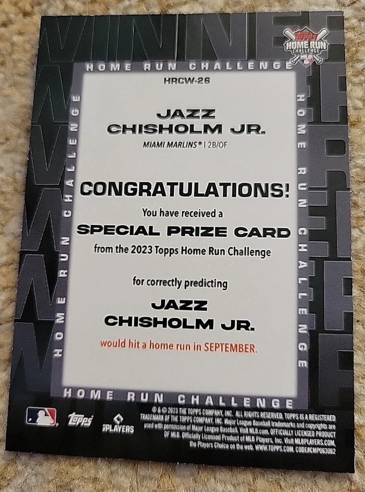 Jazz Chisholm Jr 2023 Topps Home Run Challenge Winner SP 798/1163 - Marlins - Image 3 of 3