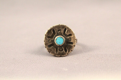 Old Pawn Navajo Indian Sterling Silver Turquoise Ring - Sun Ray Design Sz 6 1/2