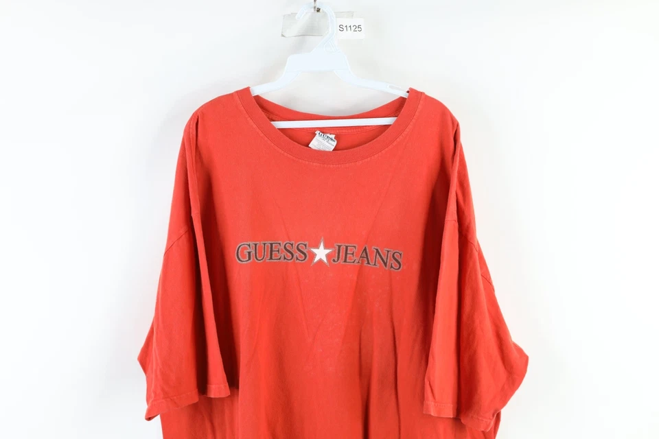 Vtg 90s Guess Mens 2XL Faded Spell Out Center Logo Short Sleeve T-Shirt Orange - Image 2 of 4