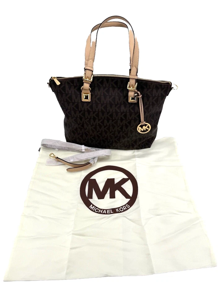 Bolso de Mano Michael Kors Jet Set Multifunción Marrón Logo PVC Grande Doble Asas Foto 2 de 4