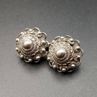 60s 70s Silver Double Flower Motif Ethnic Design Retro Cute