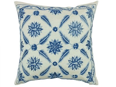 Luxury Uzbek Suzani Pillow Cover 20x20 in Blue Ivory Handmade Artisan Decor