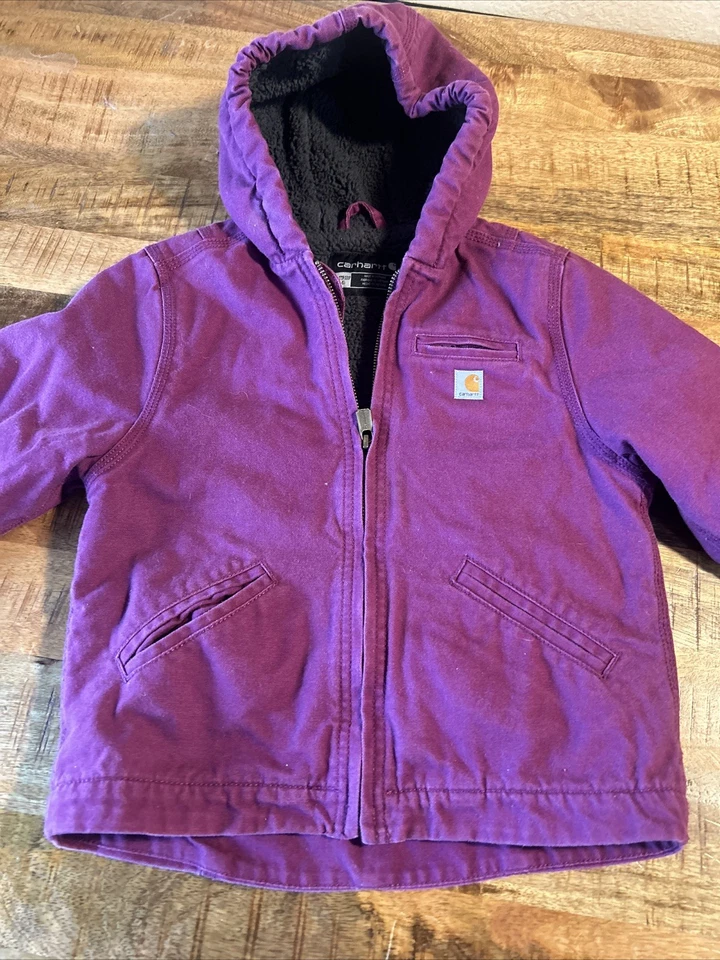 Kids Purple Carhartt Sherpa Lined Duck Canvas Jacket Size 4-5 Hooded Nice - Image 2 of 4