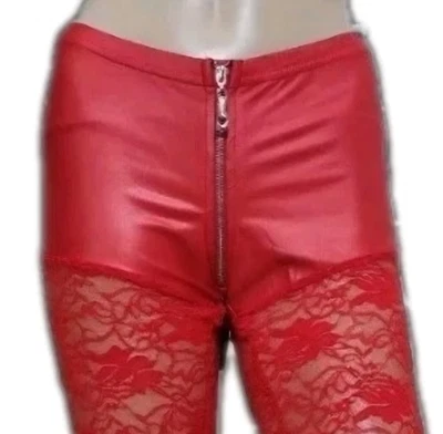 Spitze Zipper Leder Glanz Wetlook Damen Leggings Koucla Rot S M 36 38 Hose Short - Bild 1 von 3