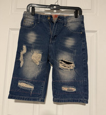 Boys Blue Distressed Denim Bermuda Shorts 13Y Zip Closure Pockets