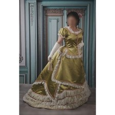 Olive Green Victorian Court Dress Puff Sleeve Multi Lace Ruffle Satin Ball Gown