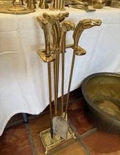 Vintage Solid Brass Equestrian / Horse Head 5pc Fireplace Tool Set