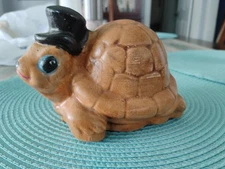 Vtg Primative Handmade From Mold Turtle W/ Top Hat Figurine 6 X 4