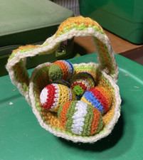 Handmade Crochet Easter Basket with Colorful Eggs and Yellow Chick