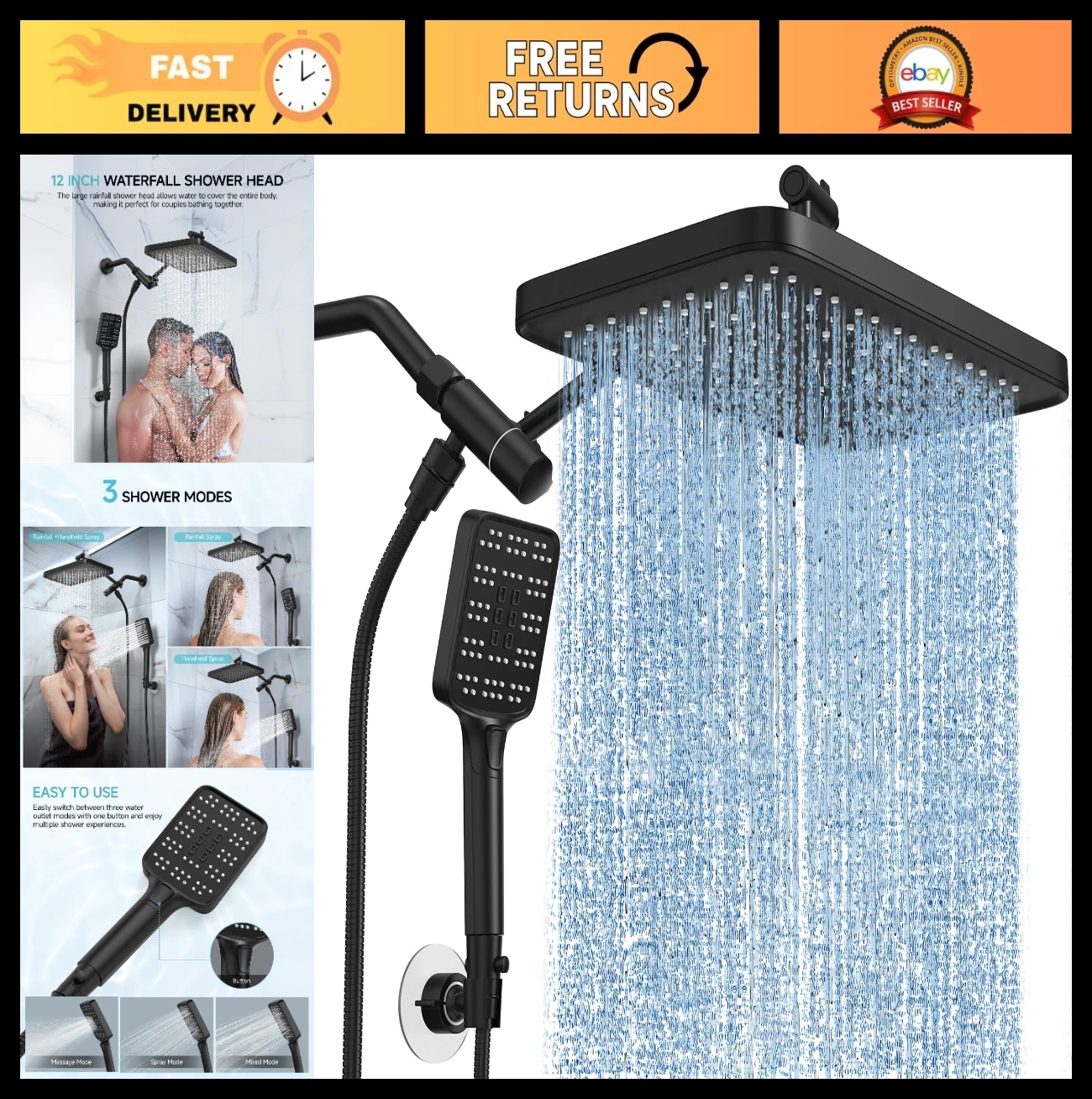 Adjustable 12" Rain Shower Head & Handheld Spray Combo, Dual Waterfall Showerhea