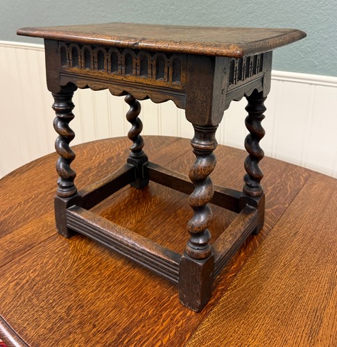 Antique English Footstool Bench Stool Joint Stool Barley Twist Carved Oak c.1900