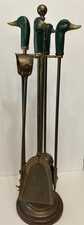 VINTAGE BRASS Painted Duck Head Fireplace Tool Set Mallard Stand MCM Hearth RARE