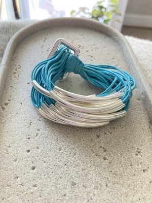 Turquoise Blue Colored Cord Bracelet Silver Tone Tube Bar Multi Strand Stack
