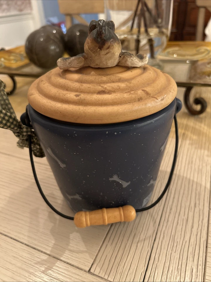 Tarro de golosinas de cerámica azul moteado con tapa de bisque y estatuilla de cachorro/perro de Ganz Foto 4 de 4