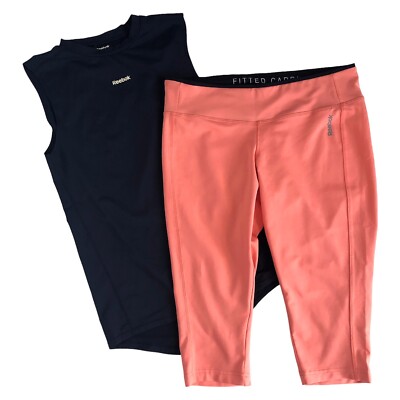 Reebok Capri Leggings & Tank Top Size LARGE PlayDry 2 Piece Set Blue Orange