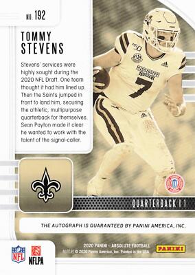 2020 Panini Absolute #192 Tommy Stevens Signature Rookies Auto