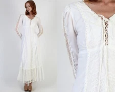 Vtg Gunne Sax White Cotton Corset Dress Prairiecore Cottage Jessica McClintock 9