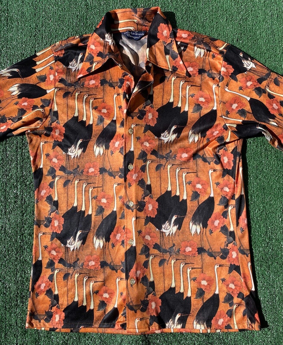 70s GRANELLA vintage rayon shrit からし VTG 70s Pierre La Grande Donegal Cranes Birds Print Button Up