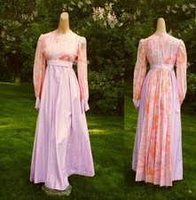 Vtg 60s/70s OOAK Lavender/Coral EMPIRE FORMAL DRESS Cotton Sateen/Floral Voile S