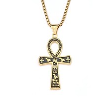 Egyptian Ankh Cross Pendant Necklace, Black with Bronze and a Bronze Chain