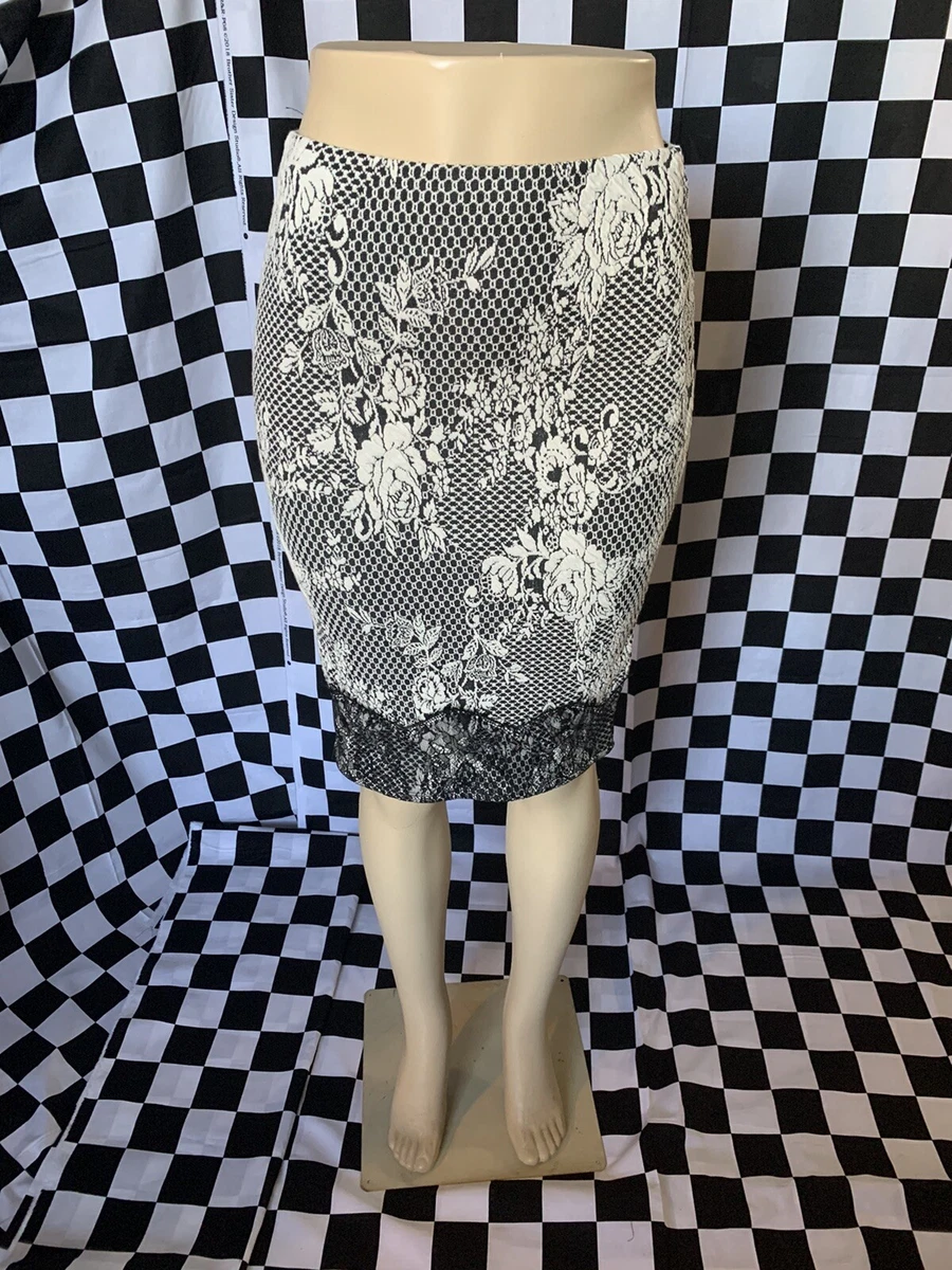 New FLORAL LACE Black FISHNET Pencil Skirt FITTED Stretch White Flowers Sz L