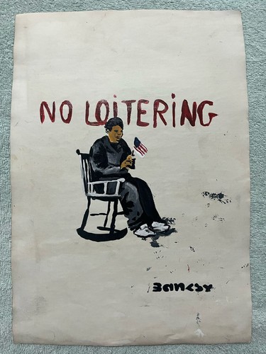 BANKSY drawing and painting on old paper signed stamped vintage