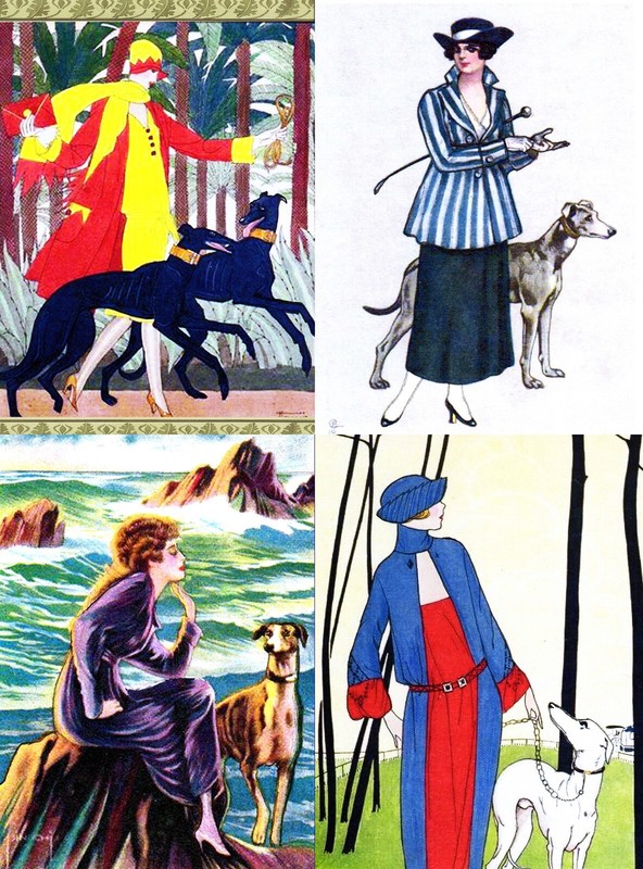 ALMOST FREE!  Vintage Ladies + Greyhound Dogs II Art Notecards Set of 4 w/env