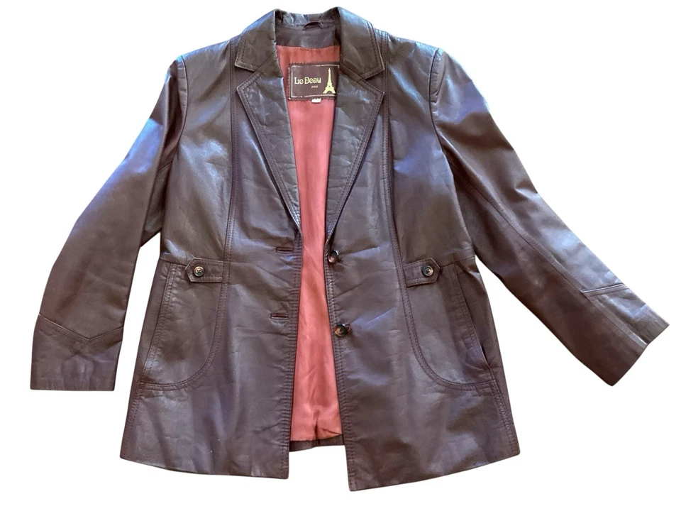 Chaqueta de cuero corta vintage para mujer gabardina borgoña Le Deau Paris talla 38 Foto 2 de 4