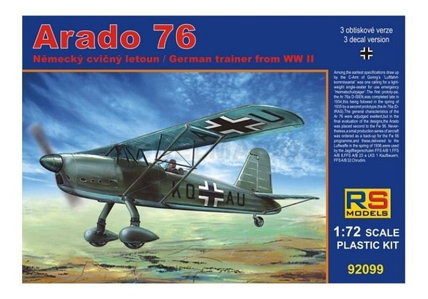 Rs Models 92099 1/72 Arado 76 In A/B Schulen (3 Decal V. FüR Luftwaffe) Photoetc-image
