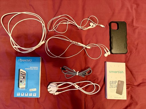 iphone lot: charger, 2 cords, 2 earbuds, case, and screen protector