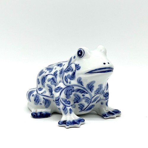 Andrea von Sadek Vintage blau weiß Blumen Porzellan Keramik Frosch Münzbank NEUWERTIG