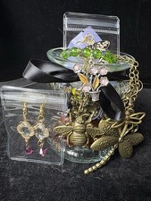Brass & Garden Jewelry Jar Swarovski Crystals, Bees & Dragonfly. All Wearable.