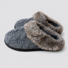 WOMENS 5/6 ULTRAIDEAS SMALL GREY CABLEKNIT SLIPPERS BEDROOM COZY FUR RUBBER SOLE