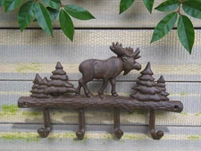 Cast Iron 11.5" Rustic Brown Moose Lodge Cabin Coat Hat Key Purse Towel 4 Hook