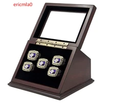 5 Slots Championship Ring Wooden Display Case Shadow Box , Slanted Glass Window
