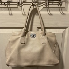 Furla Beige Pebbled Shoulder Bag with Turn Lock, Double Handles, Inner Pockets