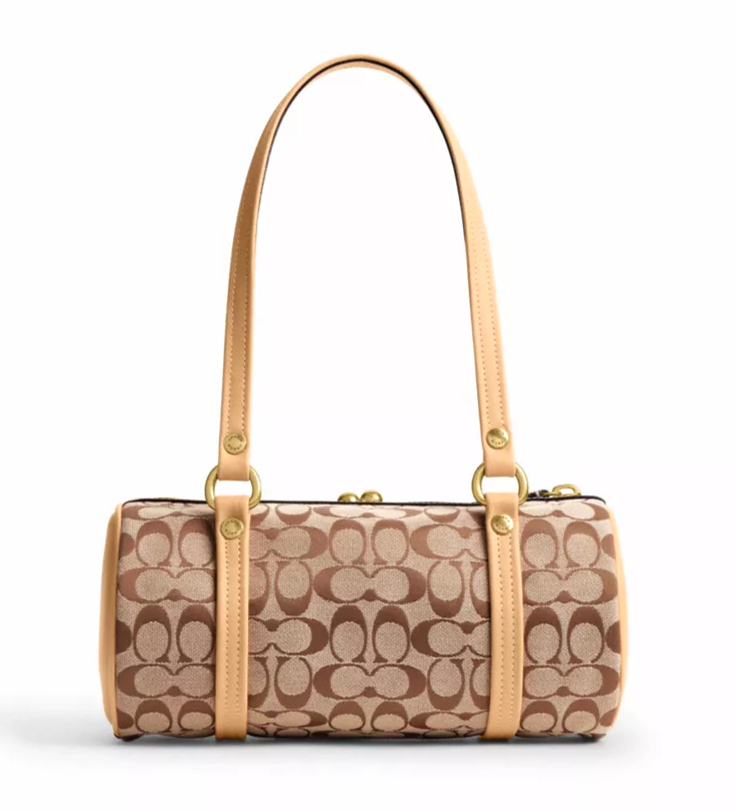 バッグ Coach Optic Signature PartyBag Kiss Lock COACH Kisslock Barrel Bag 28 Signature Jacquard Khaki Light Peach