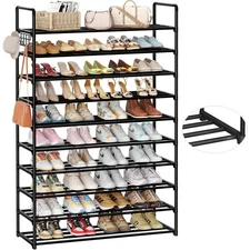 10-Tier Shoe Organizer - Large Metal Shoe Rack with Hooks, Fits 40-50 Pairs, ...