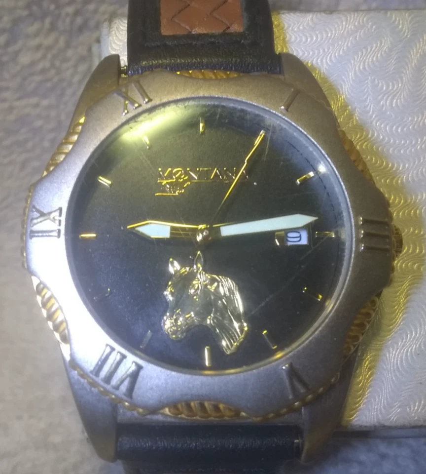 Montana Silversmiths Gold Horse Head Watch Men Brown Leather New Bat Date Great Foto 3 de 4