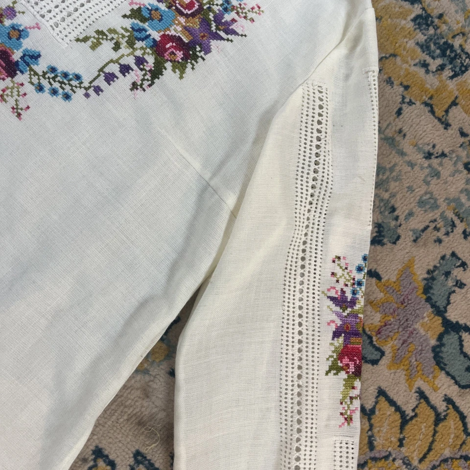 Blusa Campesina Floral Bordada Gasa Años 60 70 Bolsillos Boho De Colección Foto 4 de 4