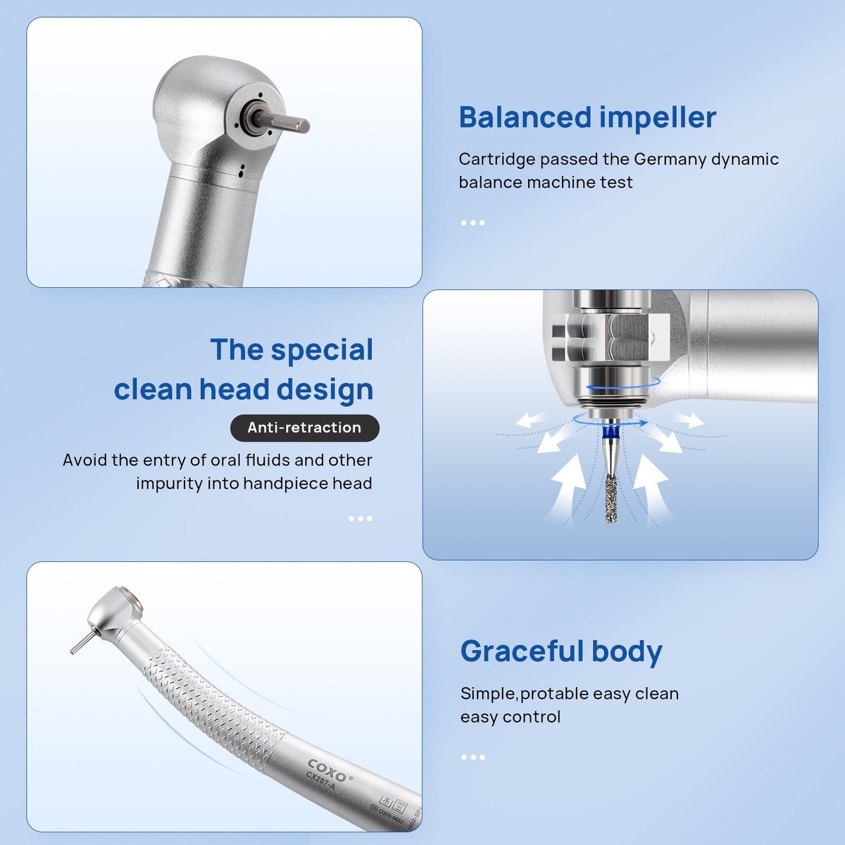 COXO Dental Handpiece 4 Hole Ultra Mini Head High Speed Air Turbine LED CX207-F