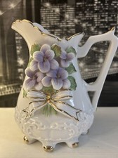 Vintage Porcelain Water Pitcher Vase Gold Trim Purple Flowers Milk Glass Lefton?