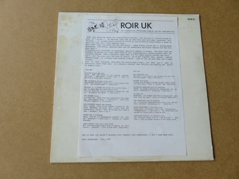 V/A ROIR NUMBERED UK PROMO LP SUICIDE TELEVISION RAINCOATS U.K. SUBS SKATALITES - Image 2 of 4